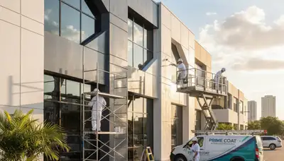 Professional commercial painters working on office exterior in Mountain View, CA