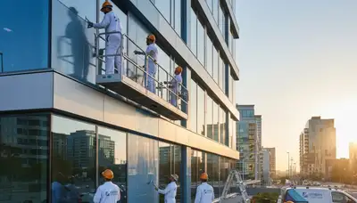 Professional commercial painters finishing office exterior in Mountain View, CA