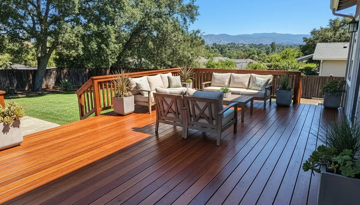 Finished deck staining in Mountain View, CA highlighting rich wood color and durable weather protection
