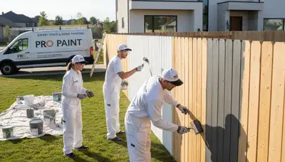 Professional fence painters finishing wood fence in Mountain View, CA for durable outdoor protection