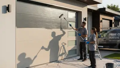 Professional painters finishing a garage door in Mountain View, CA for a home exterior painting project