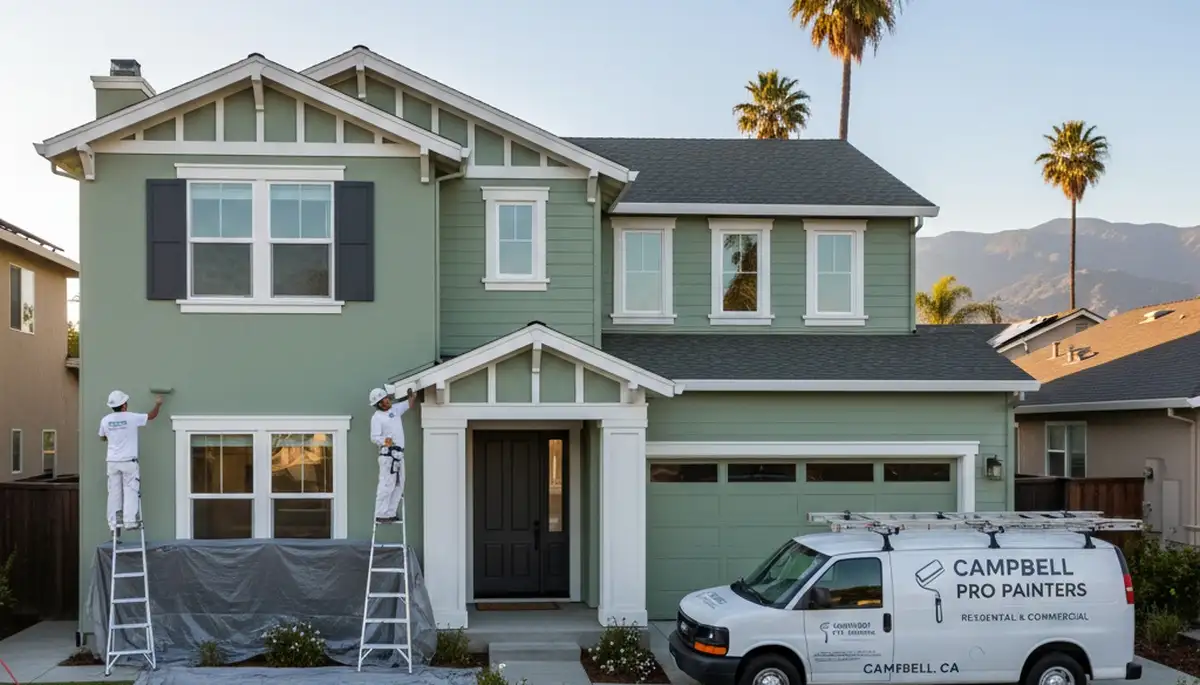 Professional house painters working on exterior home in Mountain View, CA