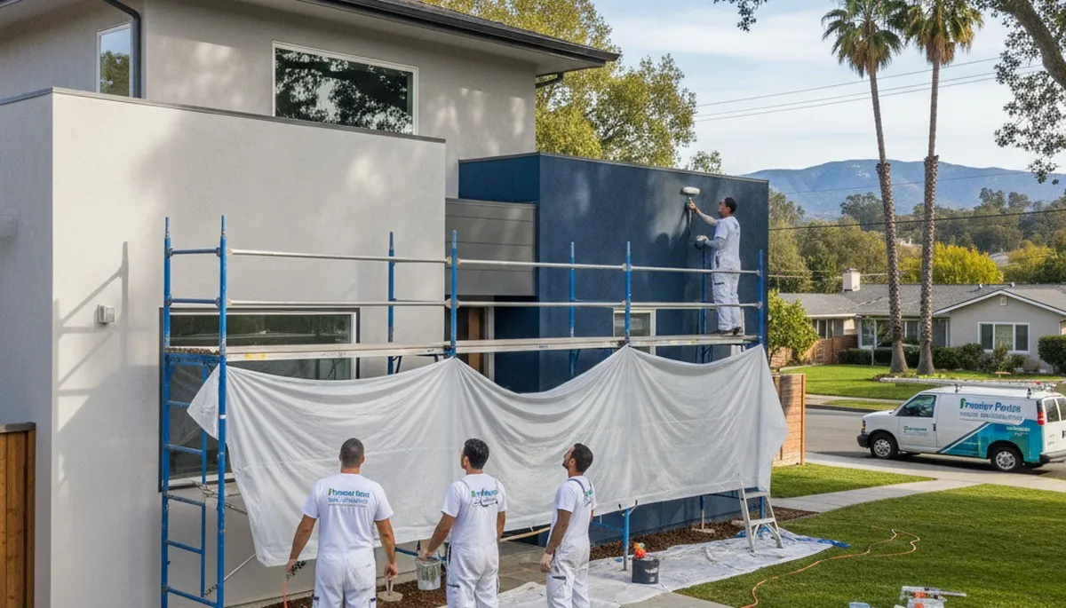 Professional house painters in Mountain View, CA applying exterior paint to a residential home