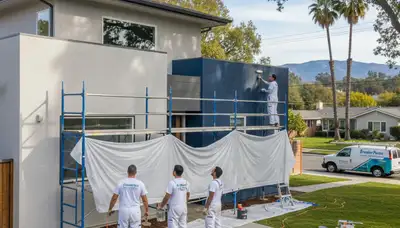 Professional house painters in Mountain View, CA applying exterior paint to a residential home