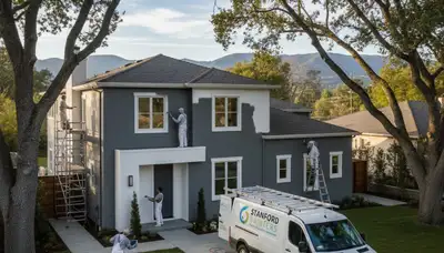 Professional house painters in Mountain View CA applying fresh exterior paint to a modern home