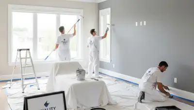 Professional interior house painters working in Mountain View, CA living room repaint project