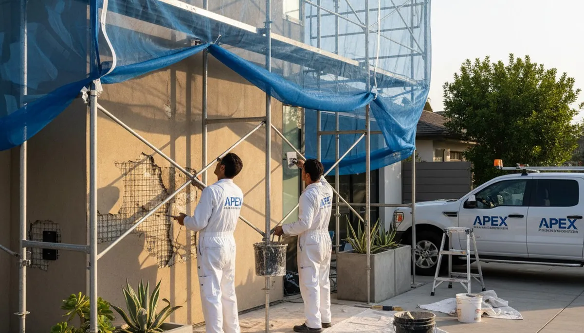 Professional stucco repair and texture matching on home exterior in Mountain View, CA